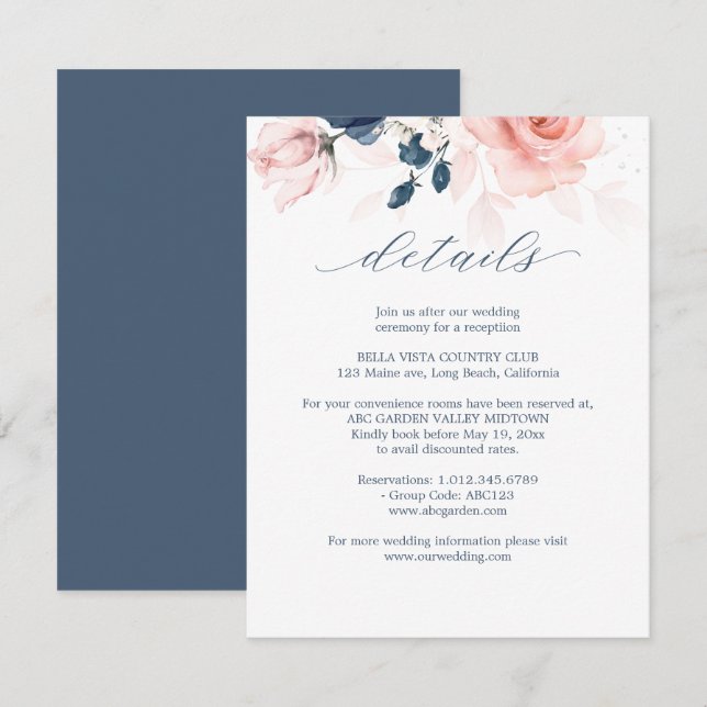 Carte D'accompagnement Détails sur le Mariage floral bleu marine et rose  (Devant / Derrière)