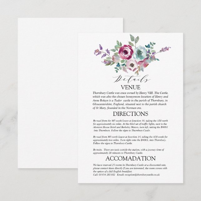 Carte D'accompagnement Détails sur le Mariage floral Mint & Mauve (Devant / Derrière)