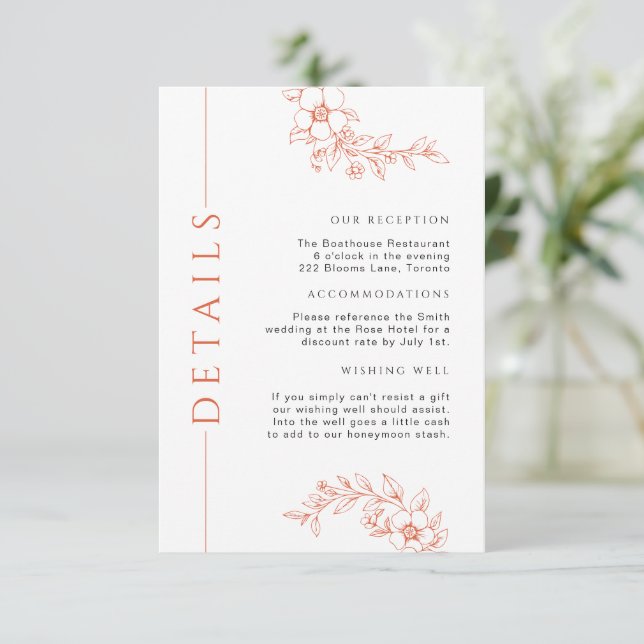 Carte D'accompagnement Détails sur le Mariage Floral Orange Brûlé Minimal (Debout devant)