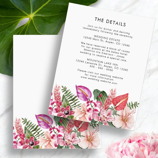Carte D'accompagnement Détails tropicaux (Tropical Floral Watercolor Details Enclosure Card by Painted Paperie
)