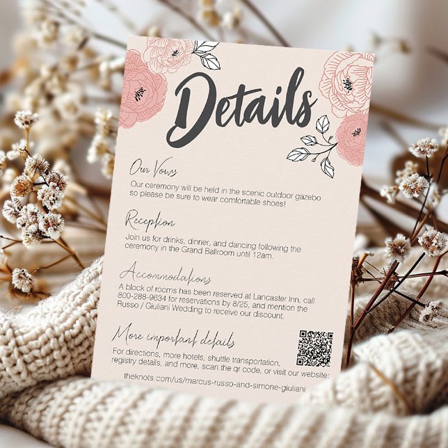 Carte D'accompagnement Détails uniques du Mariage floral rose à main (Dusty rose pink hand drawn handwritten whimsical villa manor QR code wedding invitation details card)