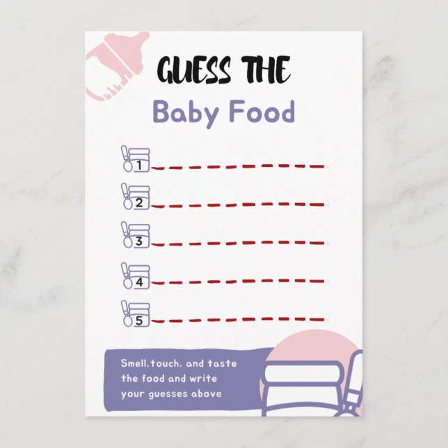 Carte D'accompagnement Devinez le jeu du Baby shower alimentaire pour béb (Devant)