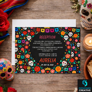Carte D'accompagnement Diadème Floral de Fête Mexicaine Noir Or Quinceañe