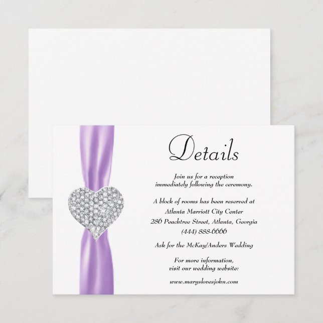 Carte D'accompagnement Diamond Heart Purple Ribbon Détails du Mariage (Devant / Derrière)