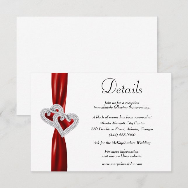 Carte D'accompagnement Diamond Hearts Red Ribbon Détails du Mariage (Devant / Derrière)