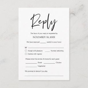 Carte D'accompagnement Dîner mariage RSVP, option repas, demande de chans