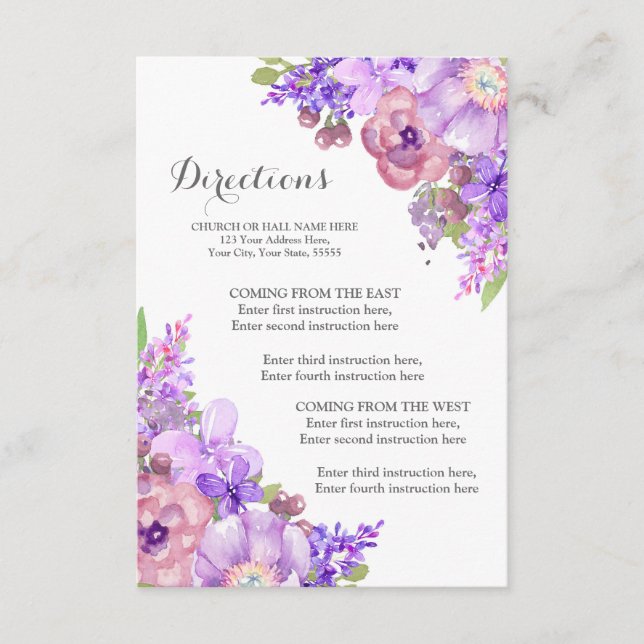 Carte D'accompagnement Direction de mariage floral pourpre rustique Lilas (Devant)