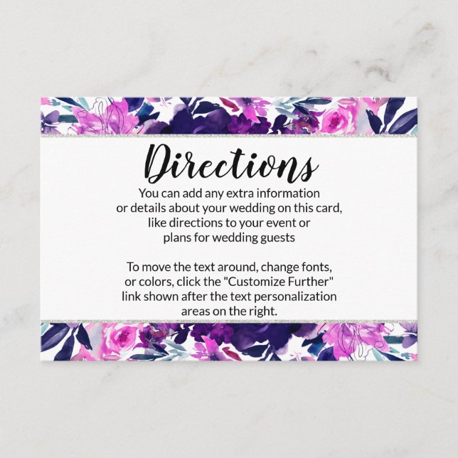 Carte D'accompagnement Direction Mariage  d'argent violet floral enchanté (Devant)