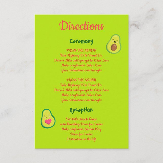 Carte D'accompagnement Directions de mariage à l'avocat rose et vert amus (Devant)