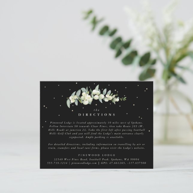 Carte D'accompagnement Directions de mariage avec baie de neige noire et  (Debout devant)