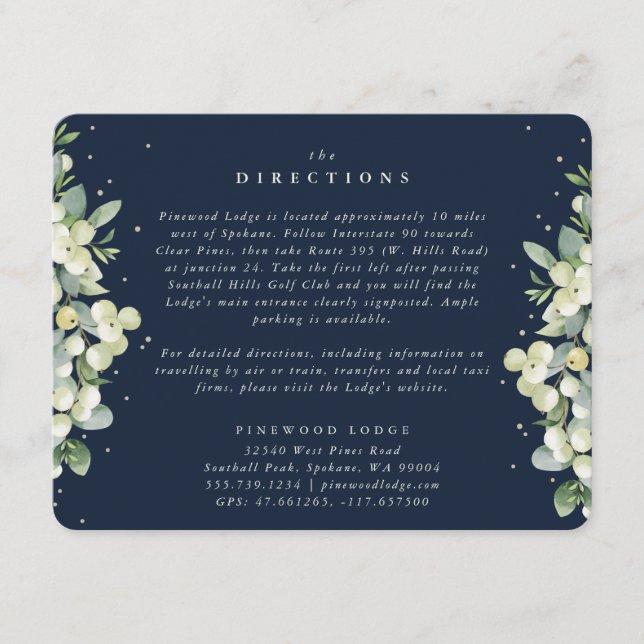 Carte D'accompagnement Directions de mariage bordées de Navy Snowberry +  (Devant)