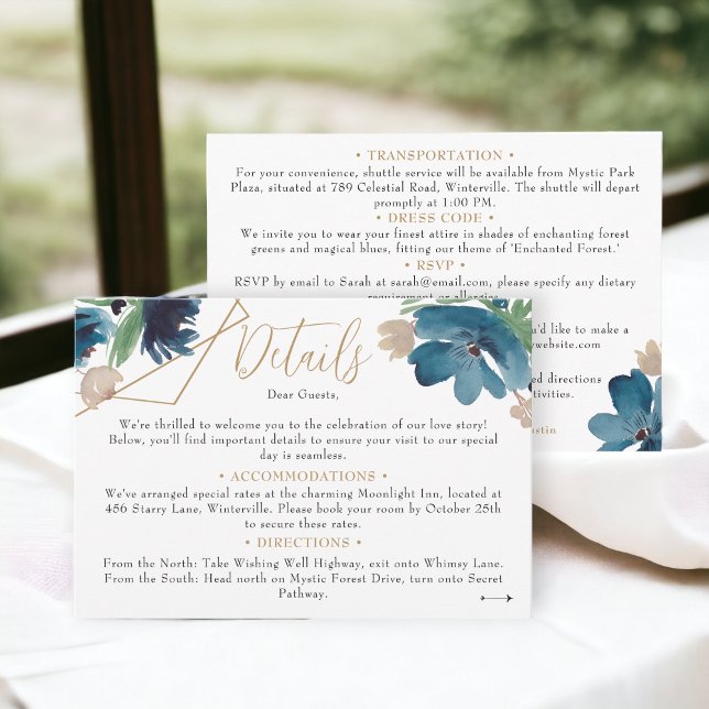 Carte D'accompagnement Doré bleu foncé Floral Aquarelle détails mariage (Dusty blue gold Floral Watercolor wedding details Enclosure Card)