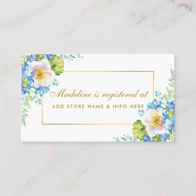 Carte D'accompagnement Douche Aquarelle Bleu Floral Gold Registre Insérer (Devant)