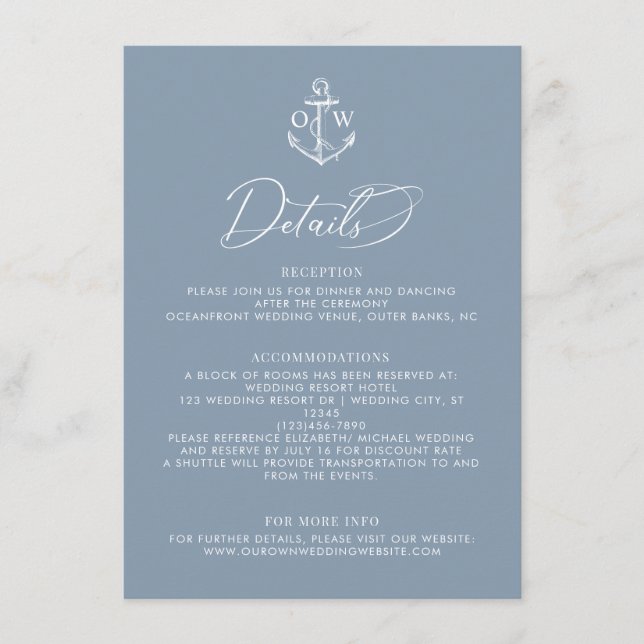 Carte D'accompagnement Dusty Blue Ancre Détails du Mariage nautique (Devant)