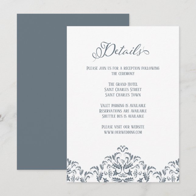 Carte D'accompagnement Dusty Blue Calligraphy Détails de mariage élégant (Devant / Derrière)