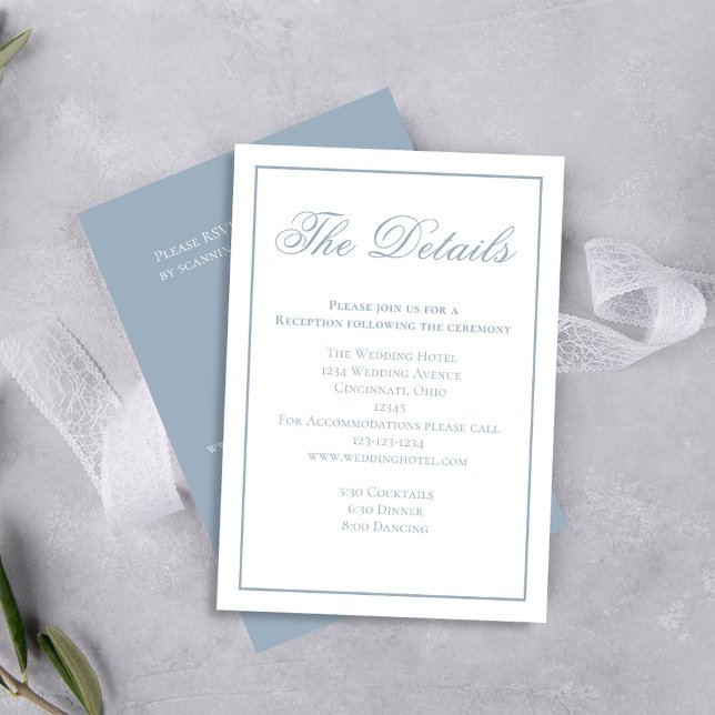 Carte D'accompagnement Dusty Blue Calligraphy Détails RSVP (Dusty blue wedding rsvp card with scannable QR code template. )