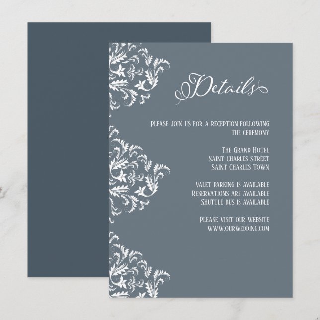 Carte D'accompagnement Dusty Blue Elegant Calligraphy Détails du Mariage (Devant / Derrière)