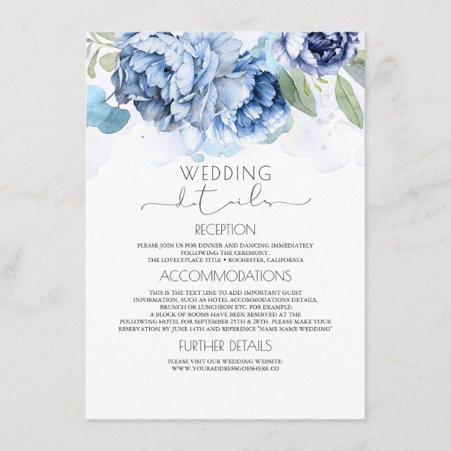 Carte D'accompagnement Dusty Blue et Navy Floral Mariage Information (Devant)