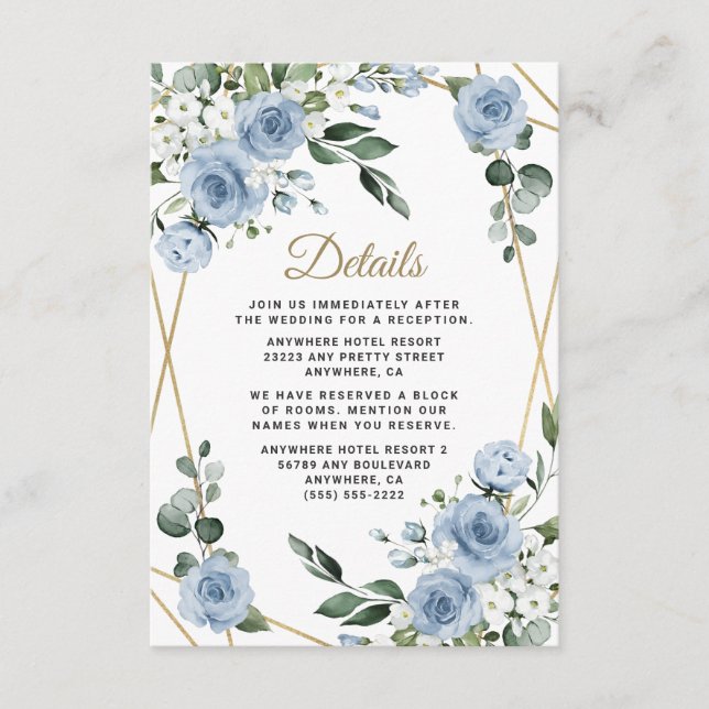 Carte D'accompagnement Dusty Blue et or élégant Floral Rustic Mariage (Devant)