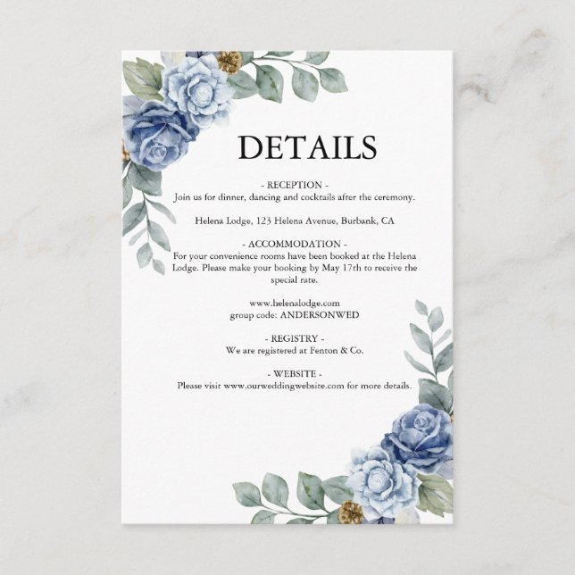 Carte D'accompagnement Dusty Blue Floral Mariage (Devant)