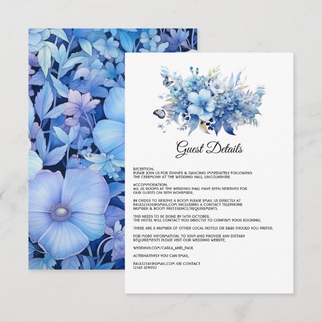 Carte D'accompagnement Dusty Blue Floral Mariage Détails sur l'invité (Devant / Derrière)