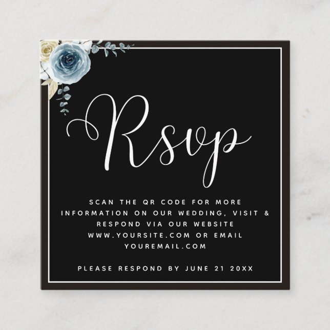 Carte D'accompagnement Dusty Blue Floral Noir Blanc Mariage RSVP QR Code (Devant)