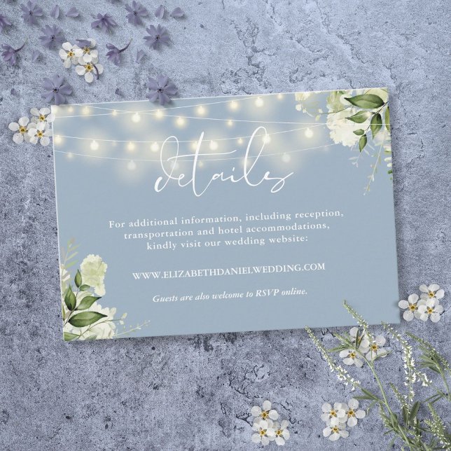 Carte D'accompagnement Dusty Blue Greenery String Lights Détails du Maria (Dusty Blue Greenery String Lights Wedding Details Enclosure Card)