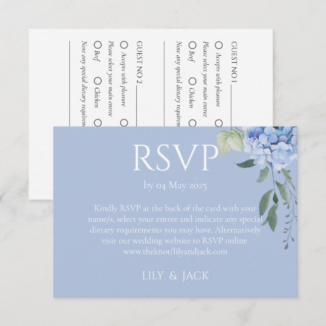 Carte D'accompagnement Dusty Blue Hydrangea 2 Mariage invité RSVP (Devant / Derrière)