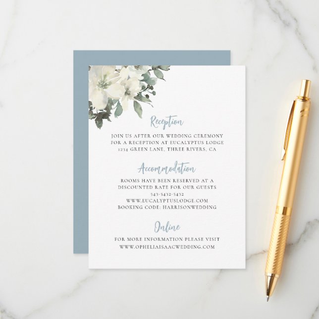 Carte D'accompagnement Dusty Blue Ivory Floral Wedding Enclosure Card (Devant/Arrière en situation)