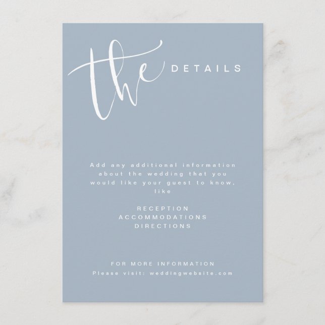 Carte D'accompagnement Dusty Blue Modern Script simple Détails du Mariage (Devant)