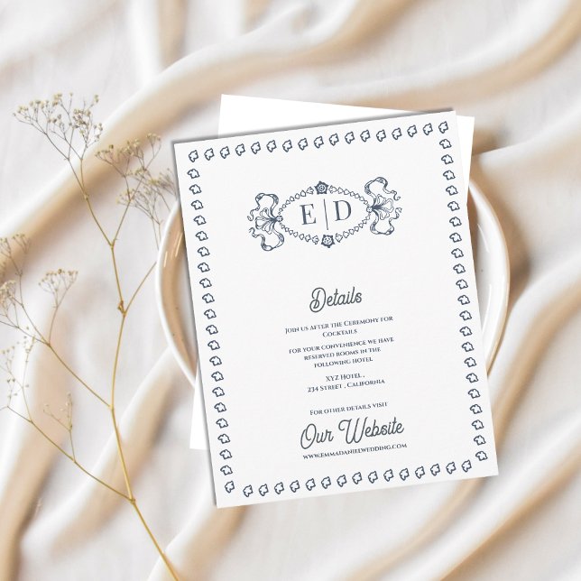 Carte D'accompagnement Dusty Blue Monogram Crest Wedding Details (Dusty Blue Monogram Crest Wedding Details Card | Vintage Classic Formal Reception Insert)