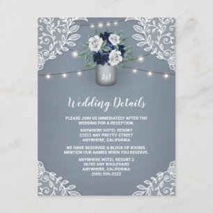 Carte D'accompagnement Dusty Blue Pays Blanche dentelle Mason Jar Mariage