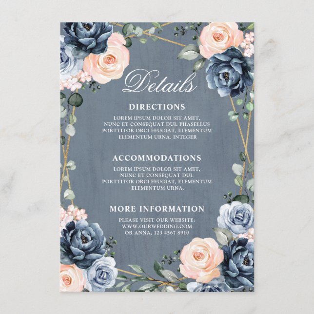 Carte D'accompagnement Dusty Blue Peach Blush Détails de Mariage Géométri (Devant)