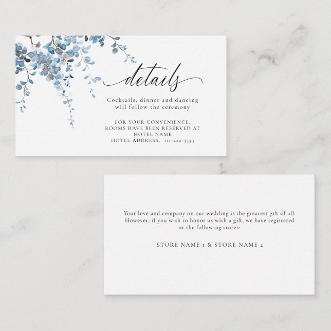 Carte D'accompagnement Dusty Blue Spring Wisteria Détails du Mariage Flor (Devant / Derrière)