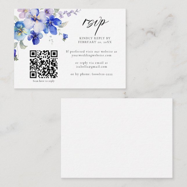 Carte D'accompagnement Dusty Blue violet Floral QR Code Mariage RSVP (Devant / Derrière)