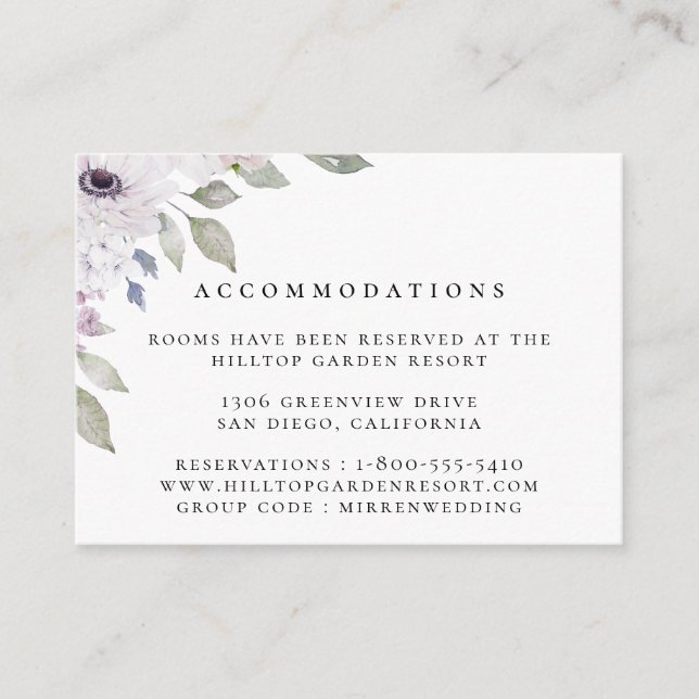 Carte D'accompagnement Dusty Garden Floral Mariage Hébergements (Devant)