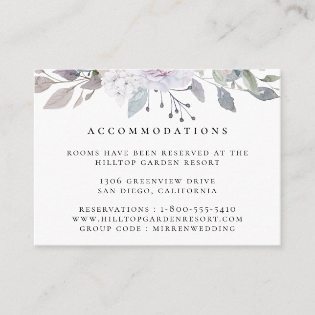Carte D'accompagnement Dusty Garden Floral Mariage Hébergements (Devant)