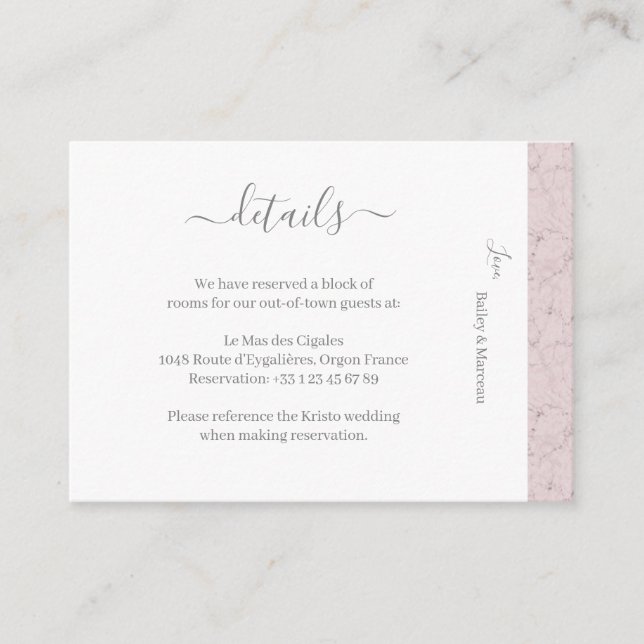 Carte D'accompagnement Dusty Pink Grey Marbre blanc Mariage Hôtel Détail (Devant)