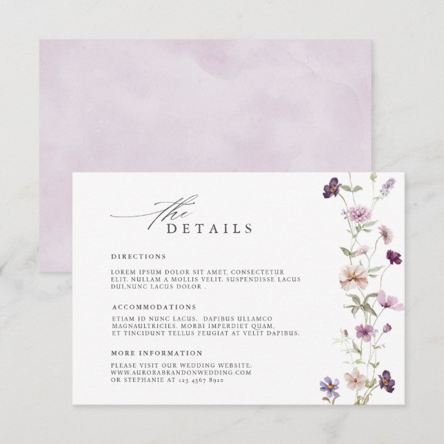 Carte D'accompagnement Dusty Purple Lavender Détails du Mariage Fleur sau (Devant / Derrière)
