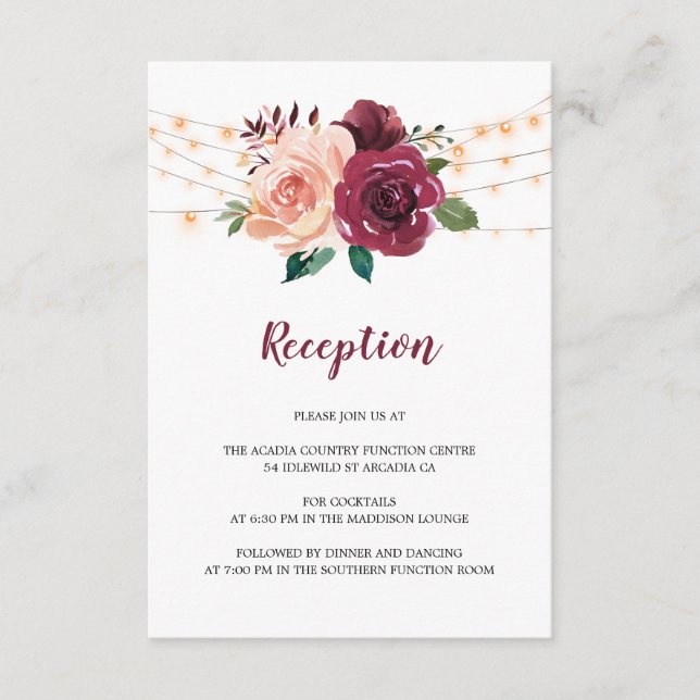Carte D'accompagnement Dusty Rose Bourgogne Réception de mariage floral (Devant)