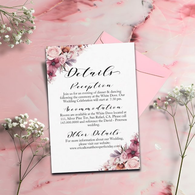 Carte D'accompagnement Dusty rose Floral moderne Script Détails Mariage (Créateur téléchargé)