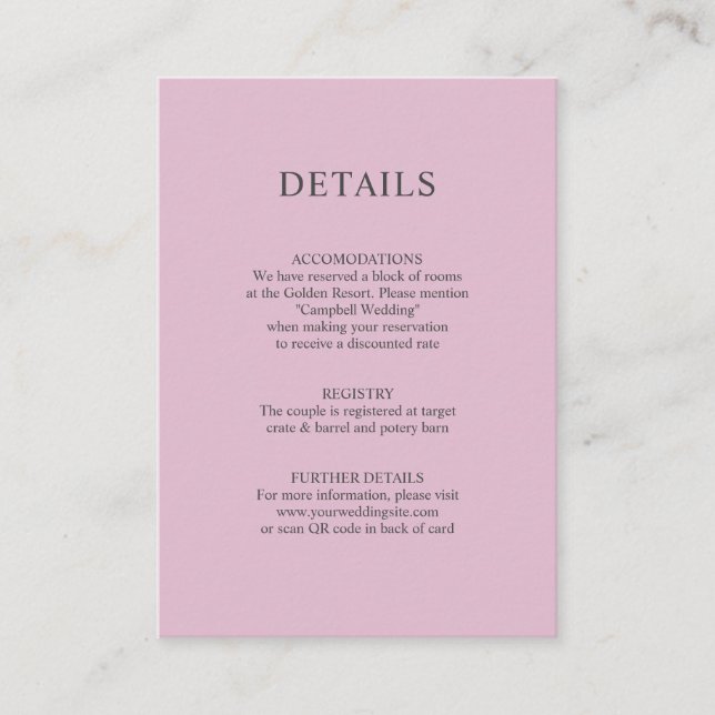 Carte D'accompagnement Dusty Rose Mauve QR code Mariage DÉTAILS (Devant)