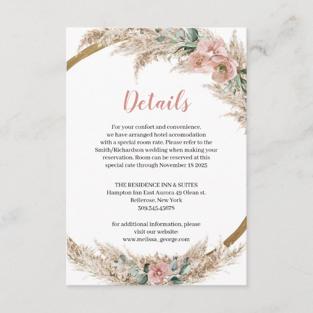 Carte D'accompagnement Dusty Rose Orchid Pampas Grass Eucalyptus Détails (Devant)
