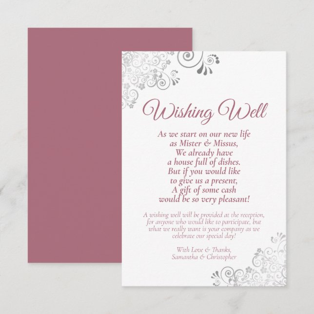 Carte D'accompagnement Dusty Rose Silver White Mariage Wishing well Poem (Devant / Derrière)