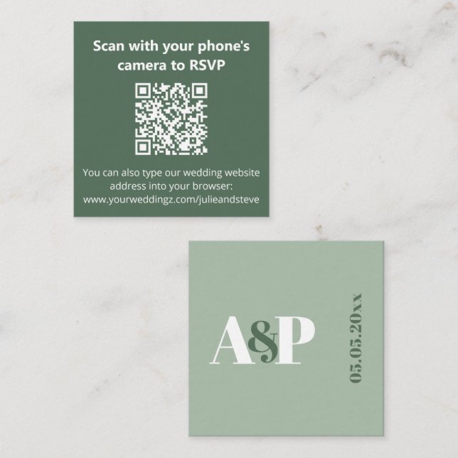 Carte D'accompagnement Dusty Sage Green Monogramme QR Code Site Mariage (Devant / Derrière)