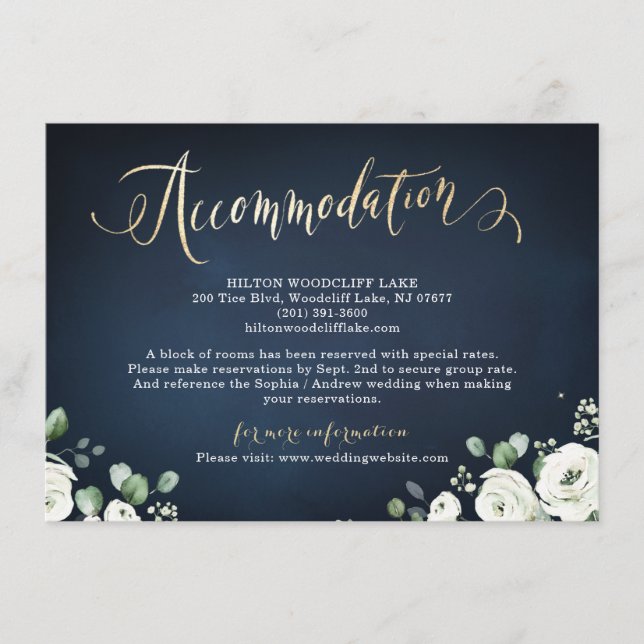 Carte D'accompagnement Ecriture d'or moderne marine hébergement floral bl (Devant)