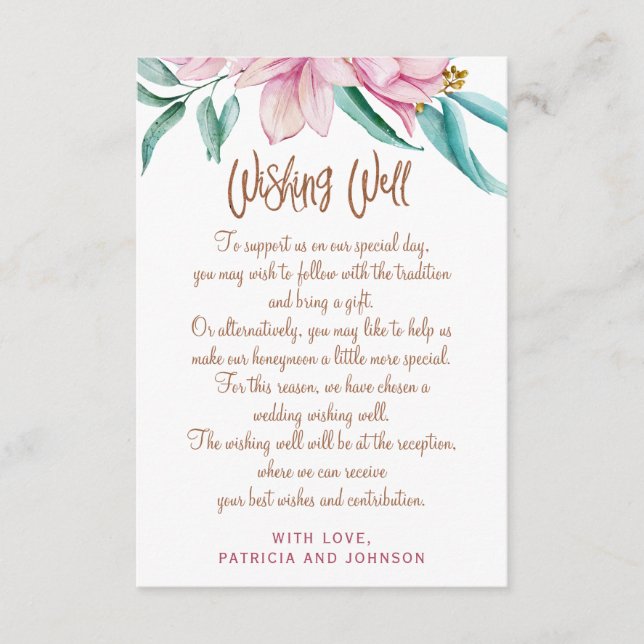 Carte D'accompagnement Ecriture en cuivre rose floral bien glam (Devant)