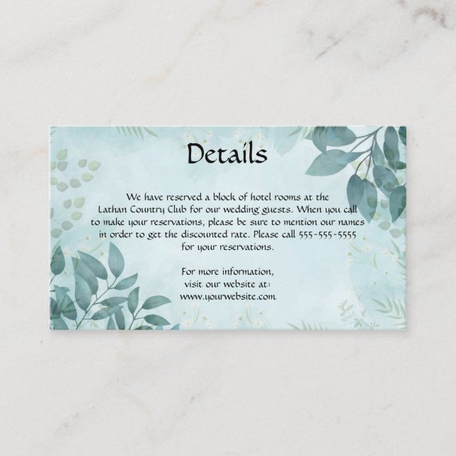 Carte D'accompagnement Editable Blue Pastel Feuilles Détails du Mariage (Devant)