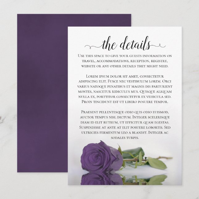 Carte D'accompagnement Elegant Amethyst Purple Rose Détails du Mariage (Devant / Derrière)