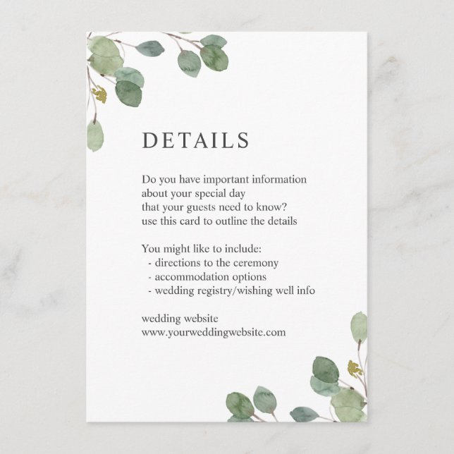 Carte D'accompagnement Elégant Aquarelle Eucalyptus Détails Mariage (Devant)